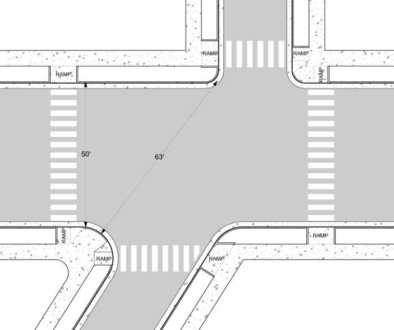 At these offset intersections, it may be desirable to eliminate some of the crosswalks and enhance the remaining crosswalks, as shown in Figure 15.