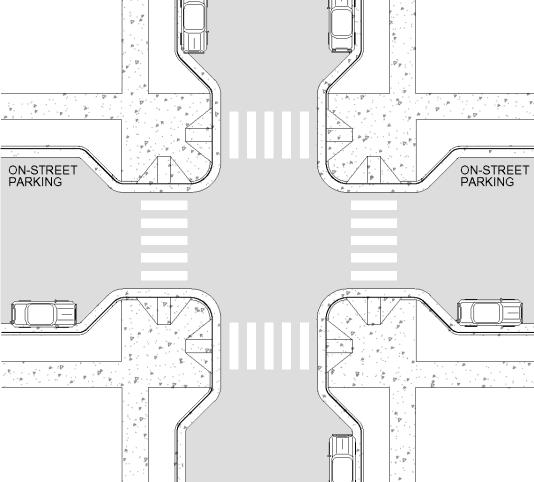 Figure 18: Curb extensions can be used to reduce pedestrian crossing distance at intersections and at midblock crosswalks.