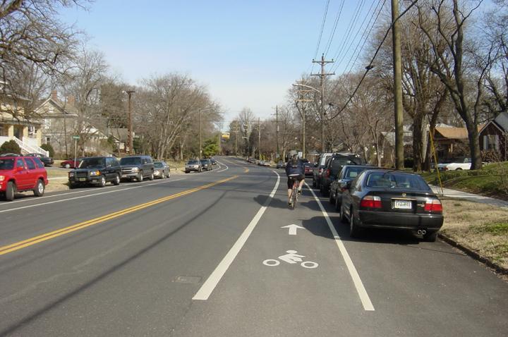 As mentioned previously, bike lanes on streets with parking should be at least five feet wide to provide additional space to avoid opening car doors and car mirrors, and to maneuver around vehicles
