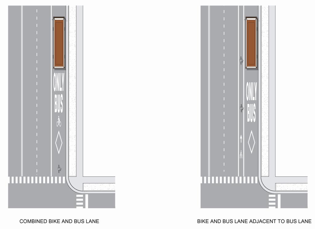 Both scenarios are illustrated in Figure 27. Shared bus/bike lanes can reduce conflicts with bicyclists, buses, and cars and can increase cyclist safety when used appropriately.