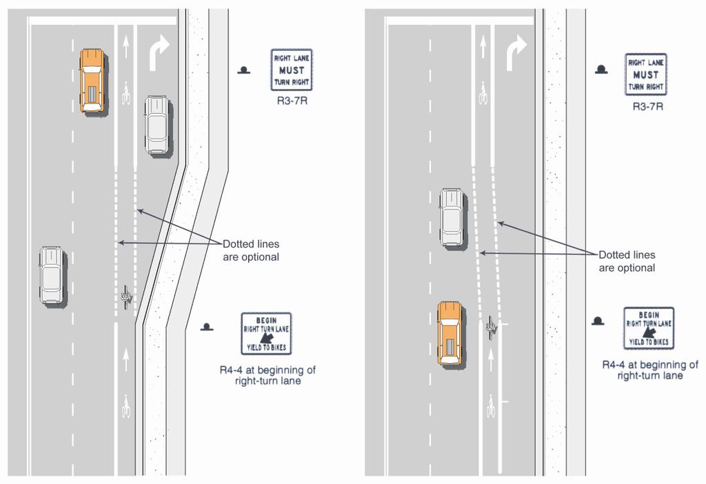 Intersections with Right-Turn Lanes At intersections where both bicycle lanes and exclusive right turn lanes exist, conflicts are created when right-turning motorists and cyclists traveling through