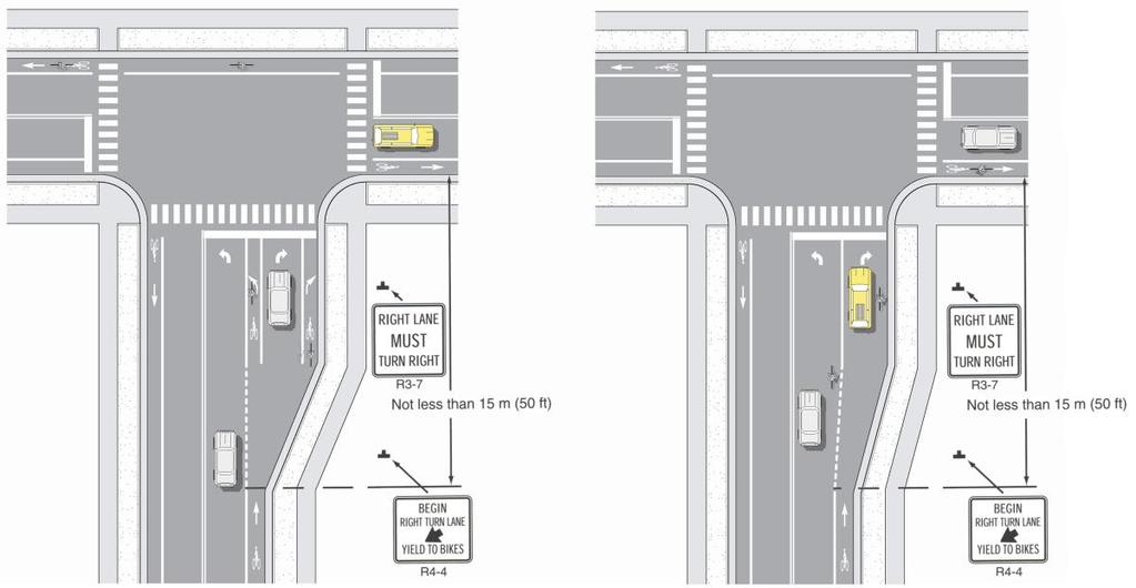 T-Intersections As Illustrated in Figure 30, at T-intersections, especially where traffic volumes are high and there is available space, bike lanes should be provided for both left and right-turning