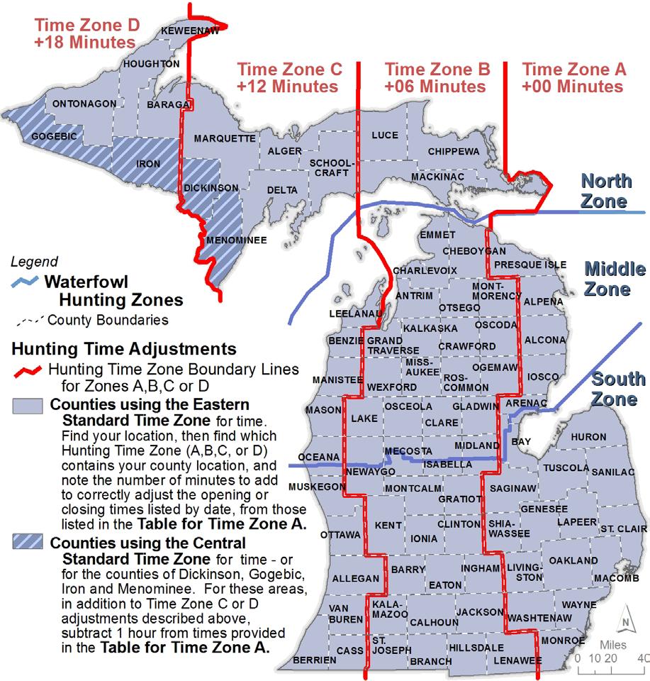 Hunting Zones and Time Zones Michigan is divided into waterfowl (duck, coot, moorhen, and goose) hunting zones: North, Middle, and South; see map below.