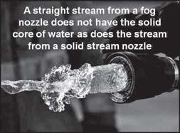 Most fog nozzles are adjustable into: a. Straight stream b. Narrow fog stream (15 o to 45 o ) c.