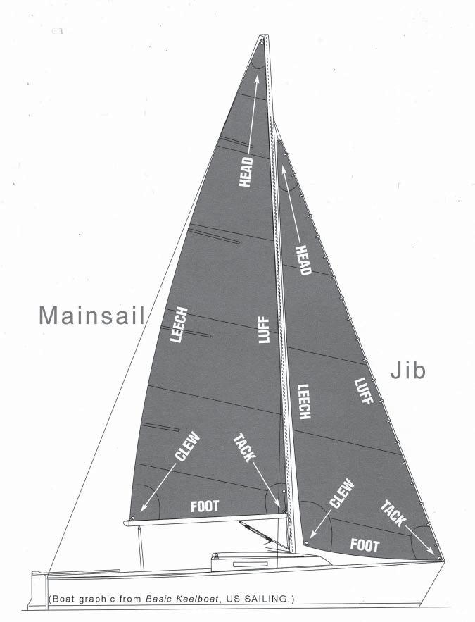Sails and Sail Parts Mainsail the sail located aft of the mast, attached to the mast and the boom. Jib the forward sail attached to the forestay.