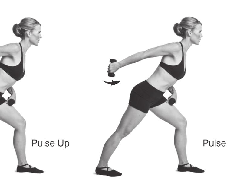 Set-up Lunge position with left knee bent, right leg straight; left hand on left thigh, right arm extended back at shoulder height. Top of weight points toward ceiling.