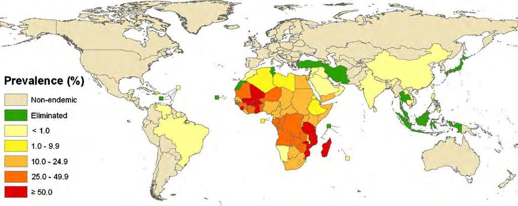 Current global distribution of schistosomiasis, stratified according to