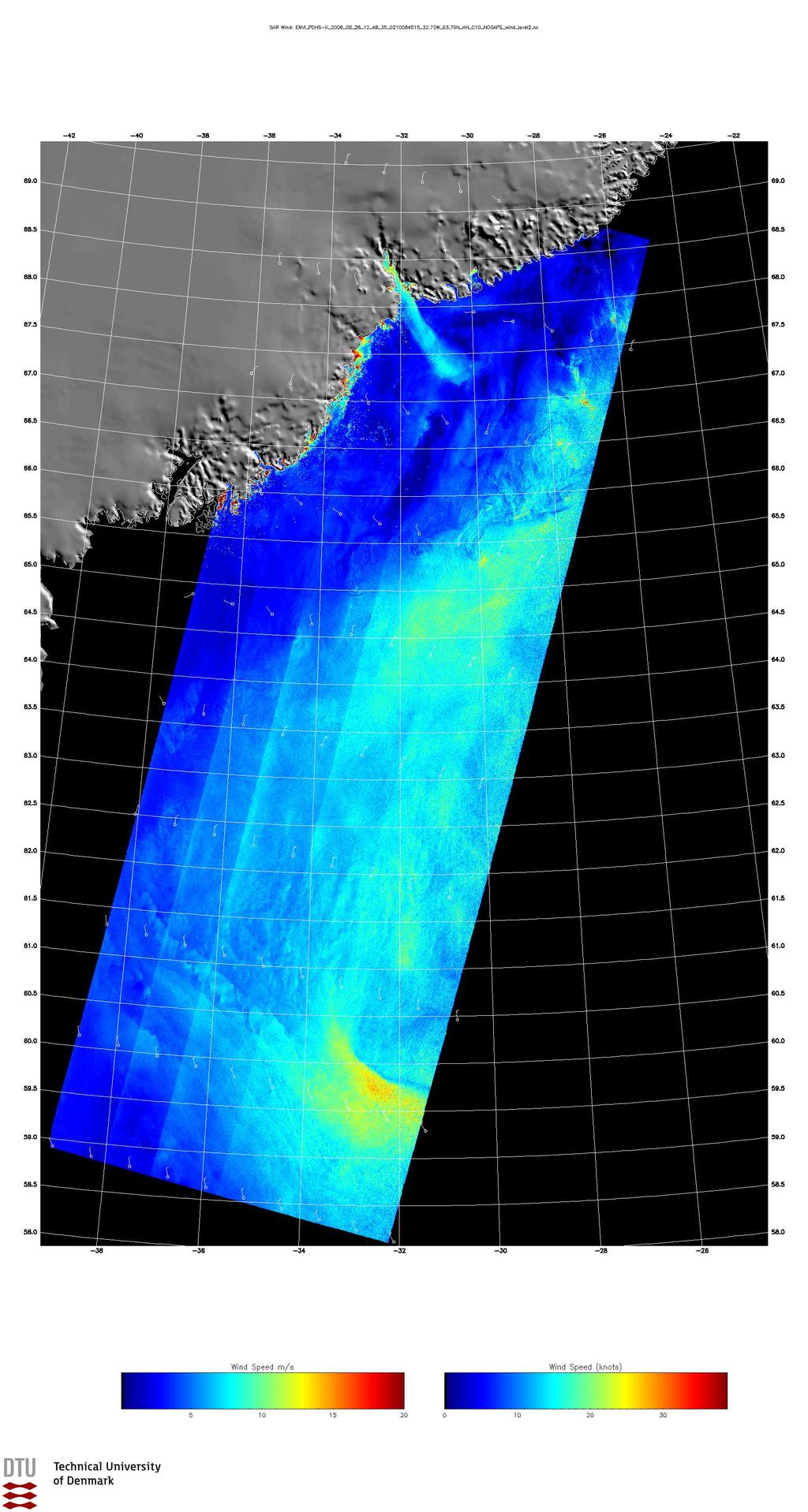 Figure 188: Envisat ASAR wind field from the east coast of Greenland observed 28 August 2006 at 12:47 UTC. Note the katabatic flow around 68 N, 31 W extending around 100 km into the Danish Strait.
