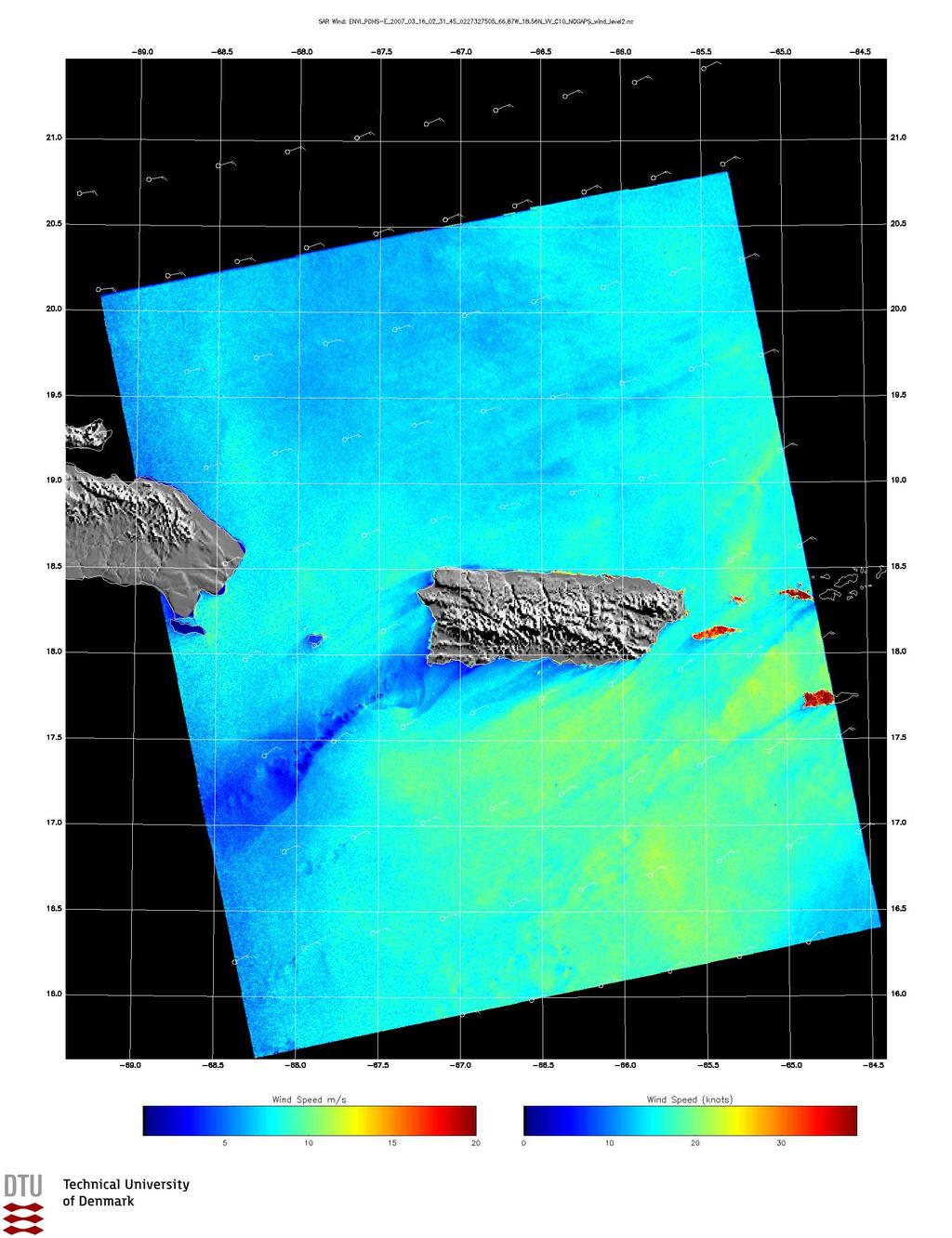 Figure 189: Envisat ASAR wind field from Puerto Rico in the Caribbean Sea observed on 16 March 2007 at 02:31 UTC. The lee effect is longer than 200 km. between.