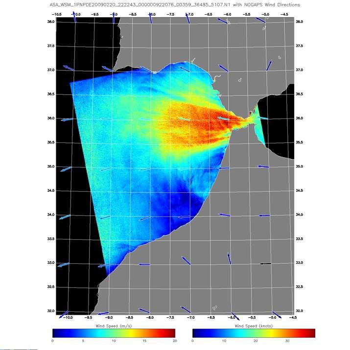 Figure 191: Envisat ASAR wind field observed on 20 February 2009 at 22:22 UTC. The wind map shows acceleration flow (gap wind) through and behind the Gibraltar Strait. The wind is from the east.