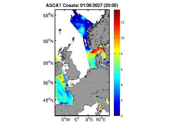 Figure 203: Example of an ASCAT coastal product from KNMI over the European Seas, taken from 01/06/2007 at 20:00. The wind speed is in m s 1. between Denmark and Norway.