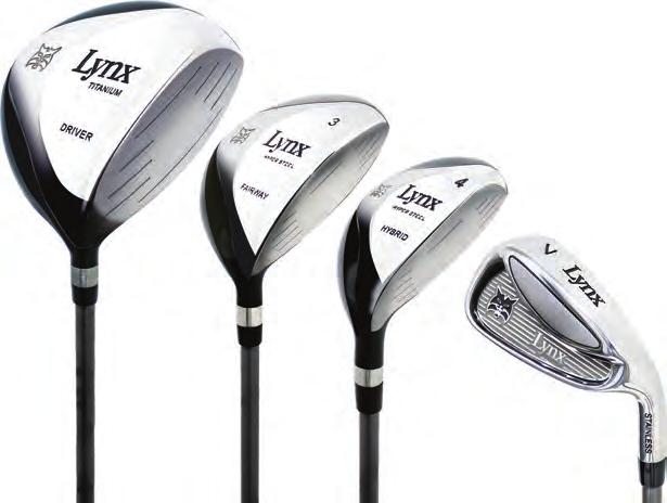 Silver JUNIOR RANGE Oversized Forged Titanium-Matrix drivers Hyper-steel fairway woods and hybrid Low COG Stainless Steel irons Easy alignment putters Colour co-ordinated head covers for