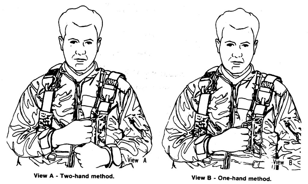 WARNING During canopy deployment of a back type parachute the chin should be resting on the chest to avoid entanglement of the head in the parachute suspension lines.