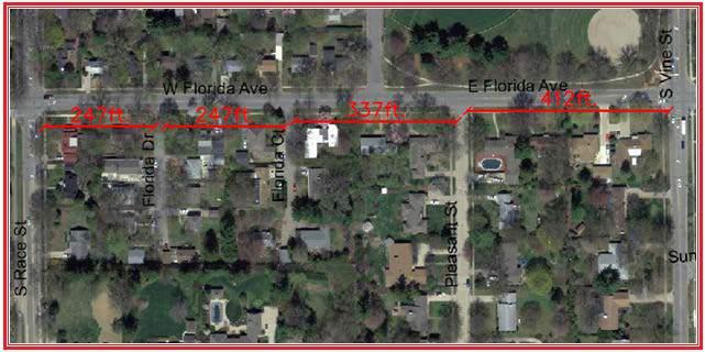 Figure 8: Florida Avenue Corridor between Vine Street and Race Street The GIS aerial map of the corridor was used to estimate the unsignalized spacings between streets along the corridor as shown in