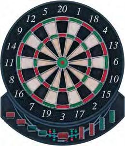 up to 8 players 32 games with 256 variations LCD automatic scoring display Includes 6 steel tip darts Requires 3 AA batteries