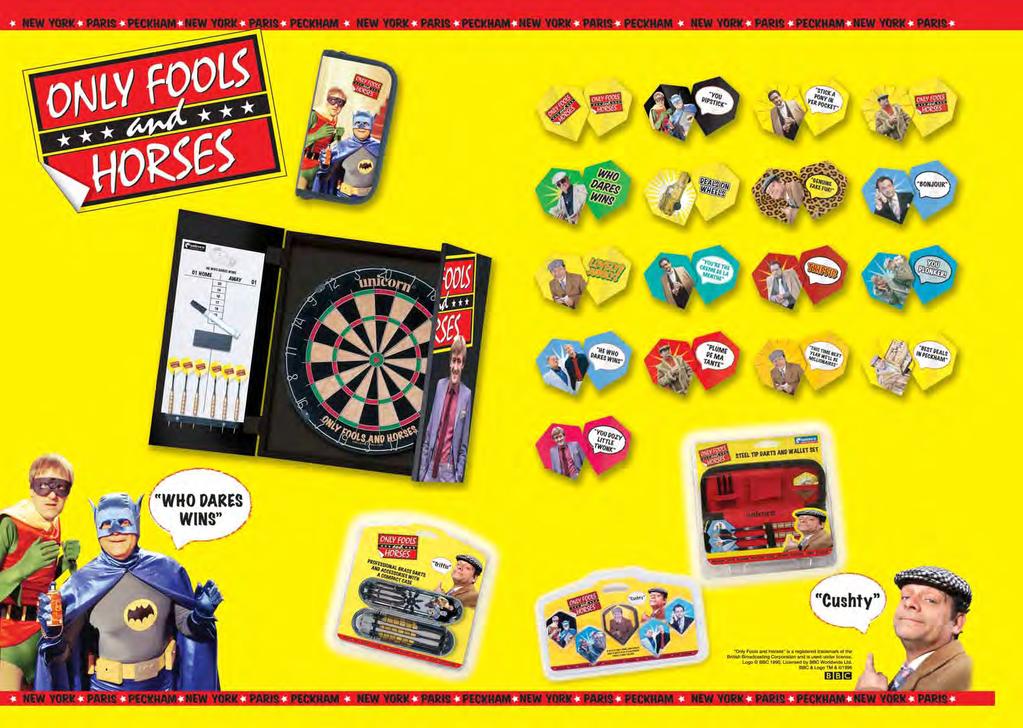 BY HOME DARTS CENTRE Wooden dartboard cabinet with printed double doors with Del and Rodney design Offical tournament size Only Fools and Horses bristle dartboard Complete with 2 sets of precision