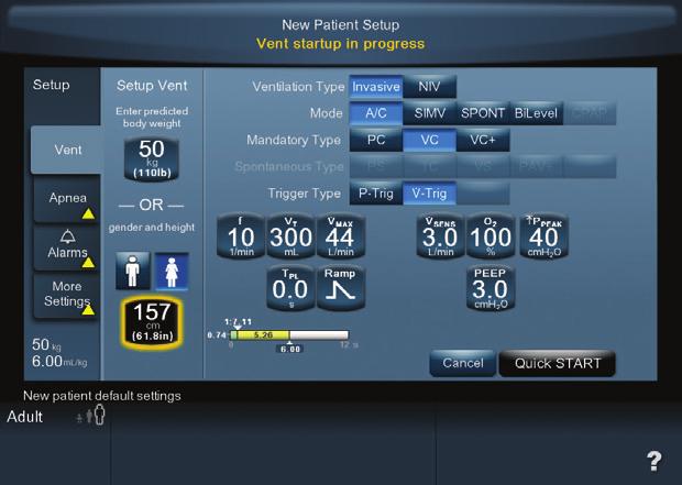 QUICK START This feature uses default values or institutionally configured breath delivery settings to ventilate the patient after predicted body weight (PBW), or gender and height, has been entered.