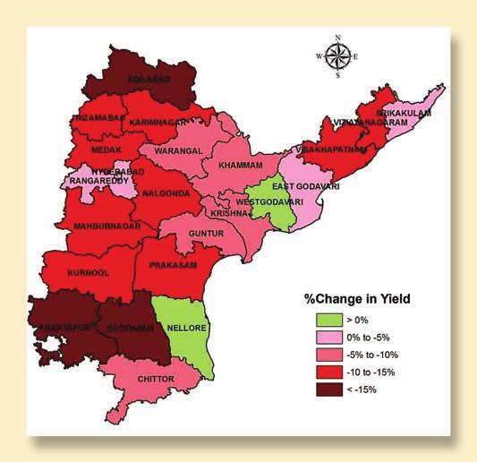 The per cent decline in yield during the years with El Niño copared to the reaining years in different districts of Andhra Pradesh is shown in Figure 10.