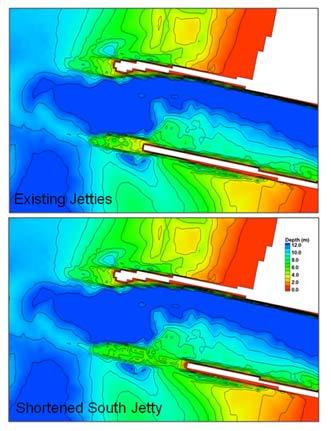 Fig. 7. Existing (top) and shortened (bottom) South Jetty configurations. Wind data (see Fig.