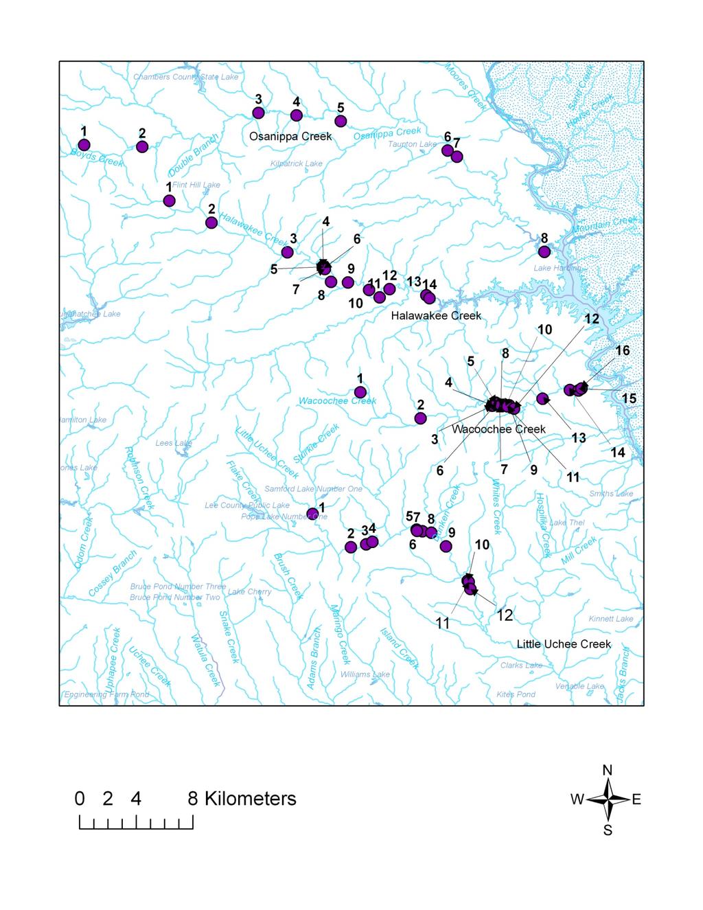 Figure 1. Sites sampled for fishes in the four study streams.