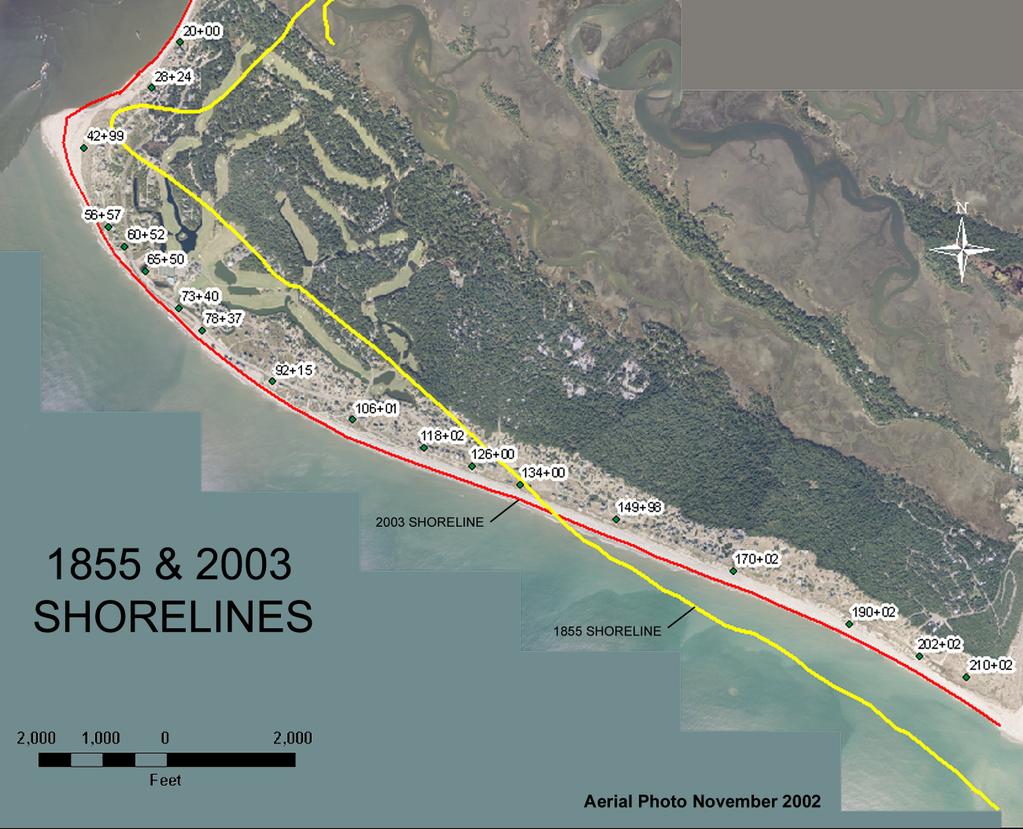 Figure 4.7 Bald Head Island 1855 & 2003 Shorelines. In 1997, a smaller beach fill of 450,000 cubic yards was placed as shown in Figure 4.8. The shoreline positions from September 1996 to June 2003 at station 60+52 are shown in Figure 4.