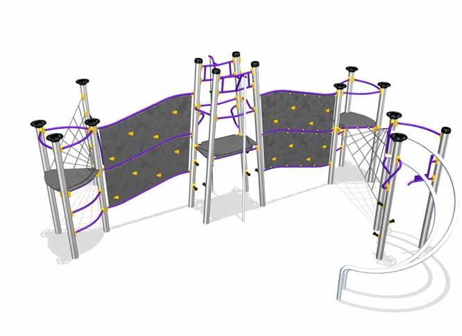 There are resting and social spaces in the middle and at each end of the climbing wall, as well as a host of other activities along the way.