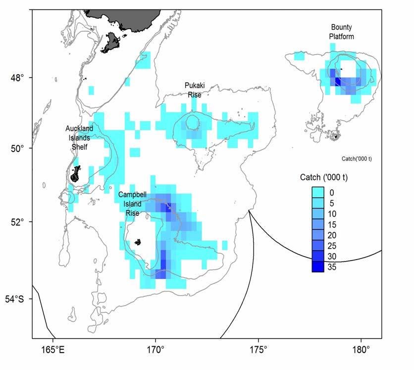 Figure 1: Relative total density of the commercial catch of southern blue whiting by location, TCEPR data 1990 2014.
