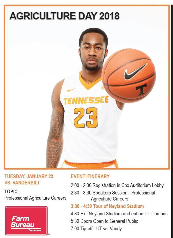 Volume 17, Issue 50 Page 5 UT Men s Basketball Ag Day, January 23 The University of Tennessee Men s Basketball Agriculture Day presented by Tennessee Farm Bureau will be on Tuesday, January 23, and