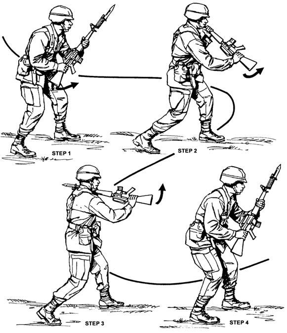 The instructor gives the commands, and the soldiers perform the movement.