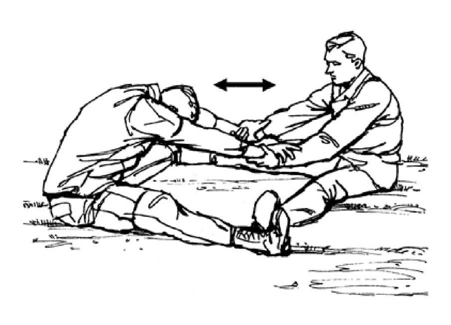 (2) Buddy-Assisted Splits (Leg Spreader). (a) Position. Sit on ground facing buddy with legs extended and spread as far as possible. Position feet inside ankles of buddy. (b) Action.