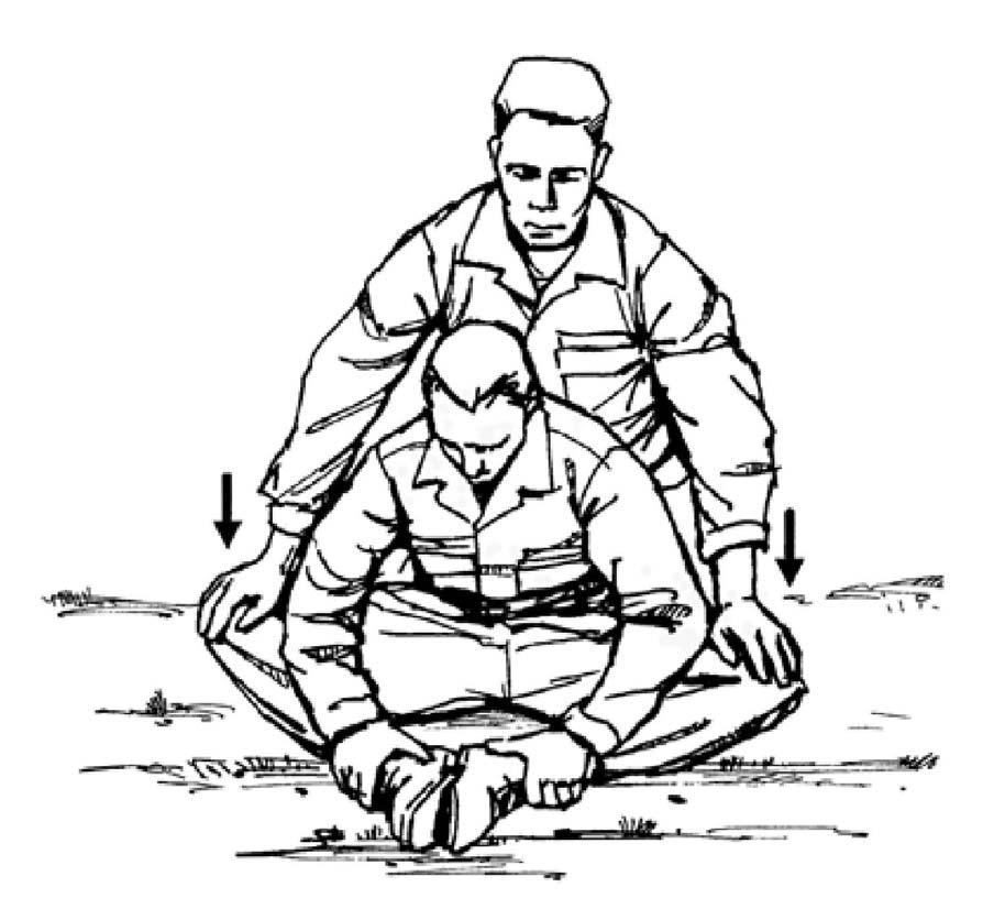 (4) Buddy-Assisted Groin (Butterfly) Stretch. (a) Position. Sit on ground with the soles of your feet together, close to the torso. Hold ankles with hands.