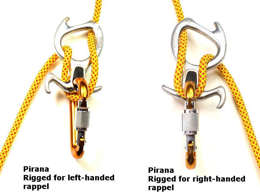 The Pirana is best used with a canyoneering harness (horizontal belay loop), so the Pirana lies flat.