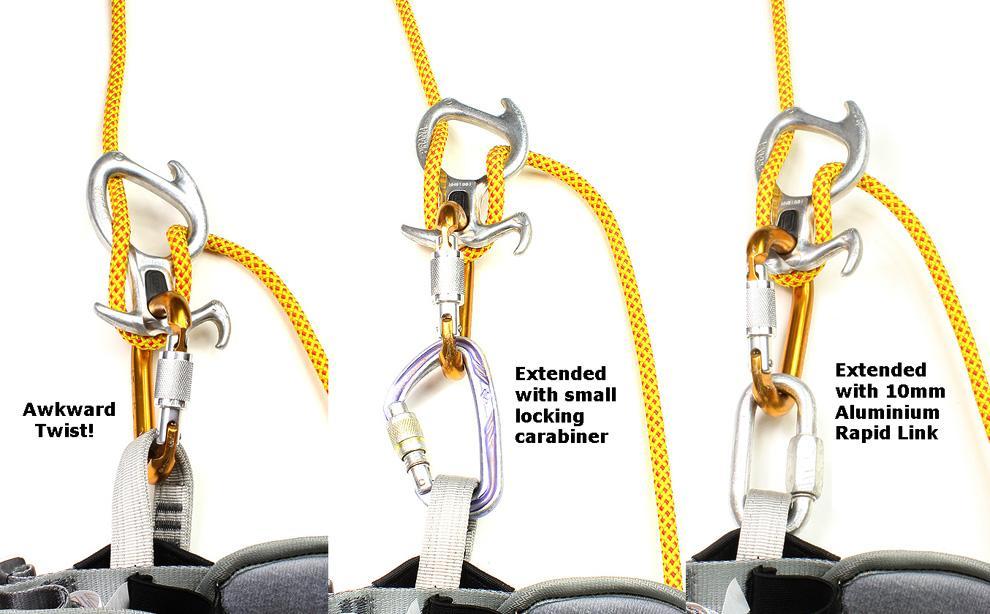 locking carabiner or a 10mm Aluminum Rapid Link. The Pirana can be set up left-handed or right-handed.