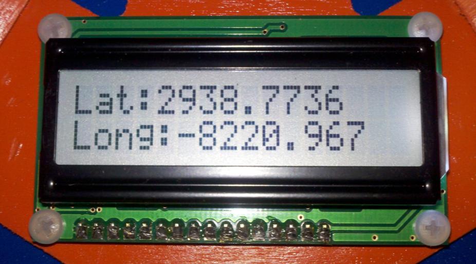 Debug information is displayed on the LCD screen mounted to the top of the ASV. In Figure 14, the current GPS point of PropaGator is shown displayed on the LCD screen.