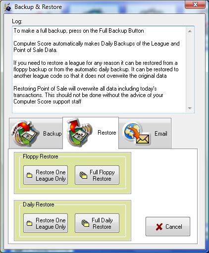 To restore a league from a floppy backup, simply follow these easy steps: 1. In Computer Score, under the System Management menu, select the Backup and Restore button from the Utility Menu 2.