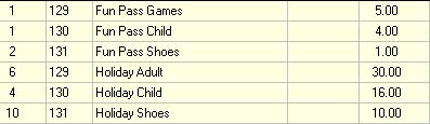 Pack POS Daily Transaction example This example will assume that Item number 129, 130 and 131 are called Adult Games, Child Games and Shoe Rental (respectively) in the POS Item List.