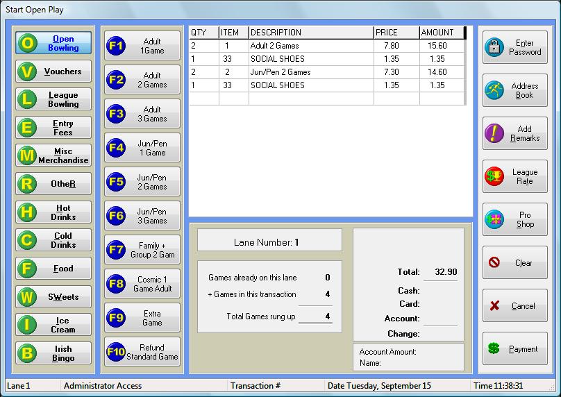 Open Play Bowling (Point of Sale Module Enabled) Launch Control Lanes from the Computer Score Utility Menu to start bowling by selecting Go Control Lanes or by simply pressing G on the keyboard.