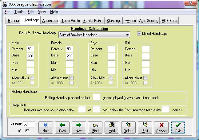 Handicaps Tab The Handicaps tab shows the operator everything to do with handicaps within the selected league. The Handicaps tab contains the following groups: 1.