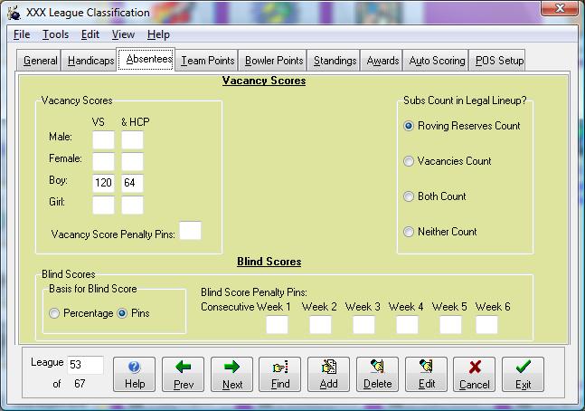 Absentees Tab The Absentees Tab tells the system what to do when there is a Vacancy or Blindscore 1.