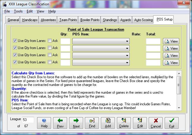 POS Setup The POS Setup tab allows the operator to specify what items are transacted when transacting the league.