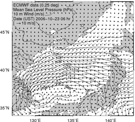 J.H.Yuk et al. Fig. 2 Wind and pressure fields of ECMWF (top panels: 2006; bottom panels: 2008) with the breaking index γ=0.73. Bottom friction is based on the JONSWAP formulation (Hasselmann et al.