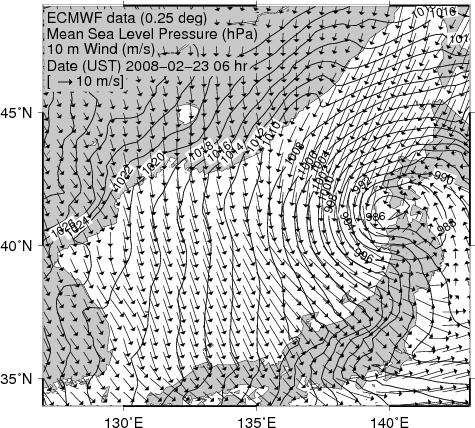 RESULTS Hindcast of Swell (2006) Fig. 2 shows the wind fields of ECMWF data on 23 Oct. 2006 in UTC time. In Oct. 2006, an extratropical cyclone was formed near Huanan, China.