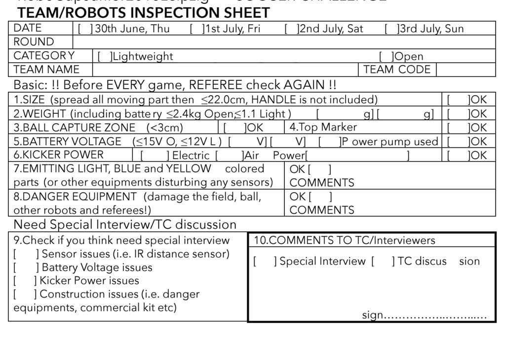 D Inspections sheet example E Landmarks Template (2018 version) The following four pages contain a template for the landmarks that are to be put on the walls of the field.