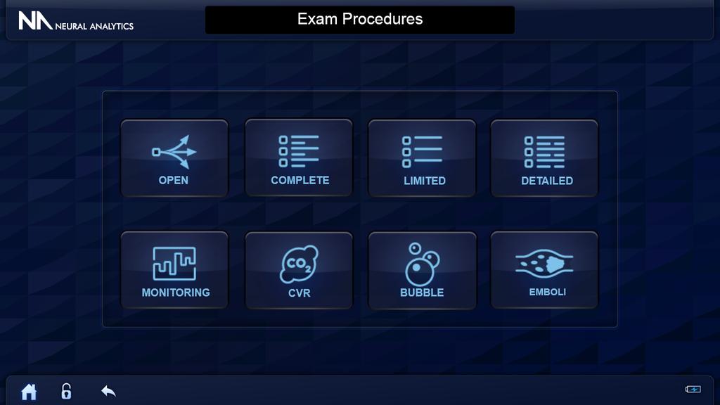 Start the Patient Exam 1. Login by entering username and password 2. Select Run 3. Make sure a probe is plugged into the system prior to starting an exam. 4.