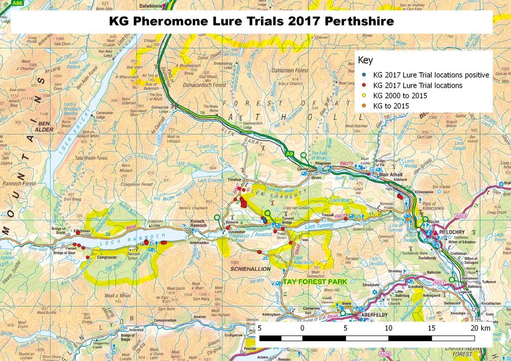 Map 3: KG Pheromone lure trials 2017 in Perthshire Map 3 highlights the excellent coverage of the trials in Perthshire from Loch Rannoch in the west to near Killiecrankie in the east.