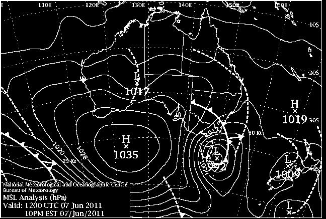 Figure 1 MSLP Chart for 7 June 2011 (source: BoM 2011) Figure 2 Wave height and period