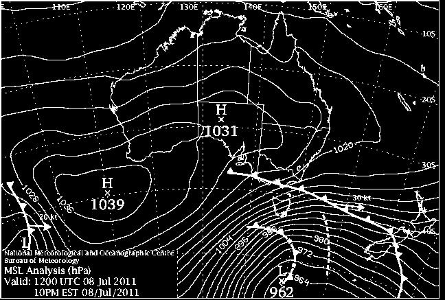 Figure 5 MSLP Chart for 8 July 2011 (source: BoM 2011) Figure 6 Wave height and period