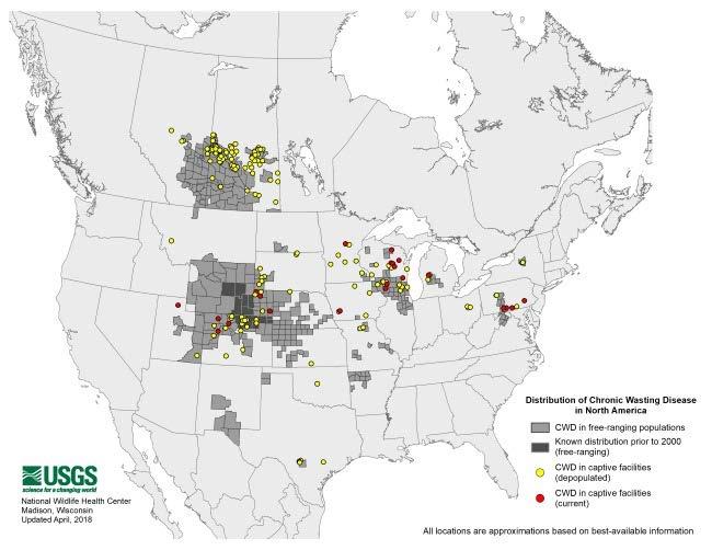 CWD Distribution in US 1967 CWD was first found in a Colorado Research Facility 2012 First detection of