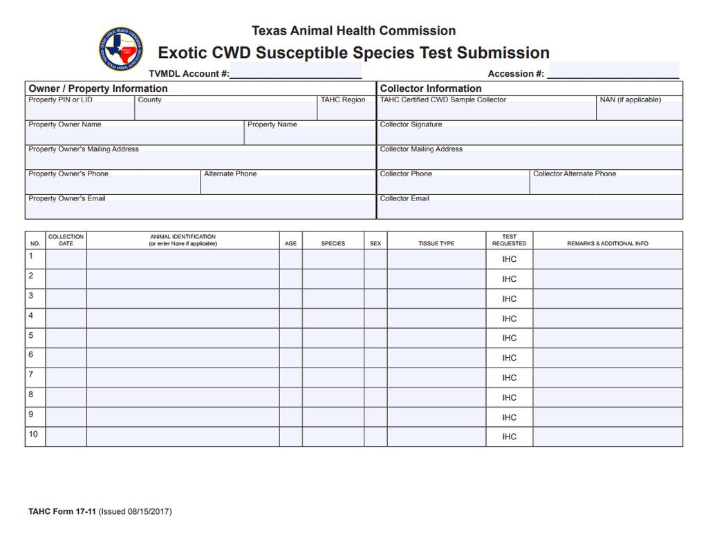 Chronic Wasting Disease (CWD) Exotic CWD Susceptible Species Test Submission: Use this