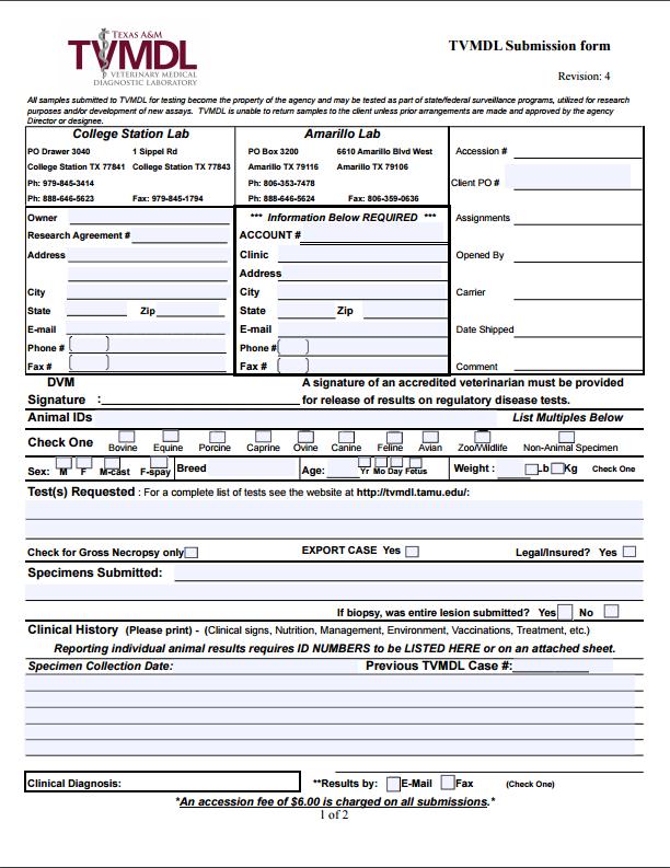 Chronic Wasting Disease (CWD) TVMDL Submission Form: Use this form for the submission of non-native susceptible species